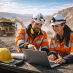 Trabajadores de la minería revisando un curso online en un notebook en plena faena a cielo abierto