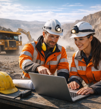 Trabajadores de la minería revisando un curso online en un notebook en plena faena a cielo abierto