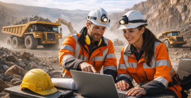 Trabajadores de la minería revisando un curso online en un notebook en plena faena a cielo abierto