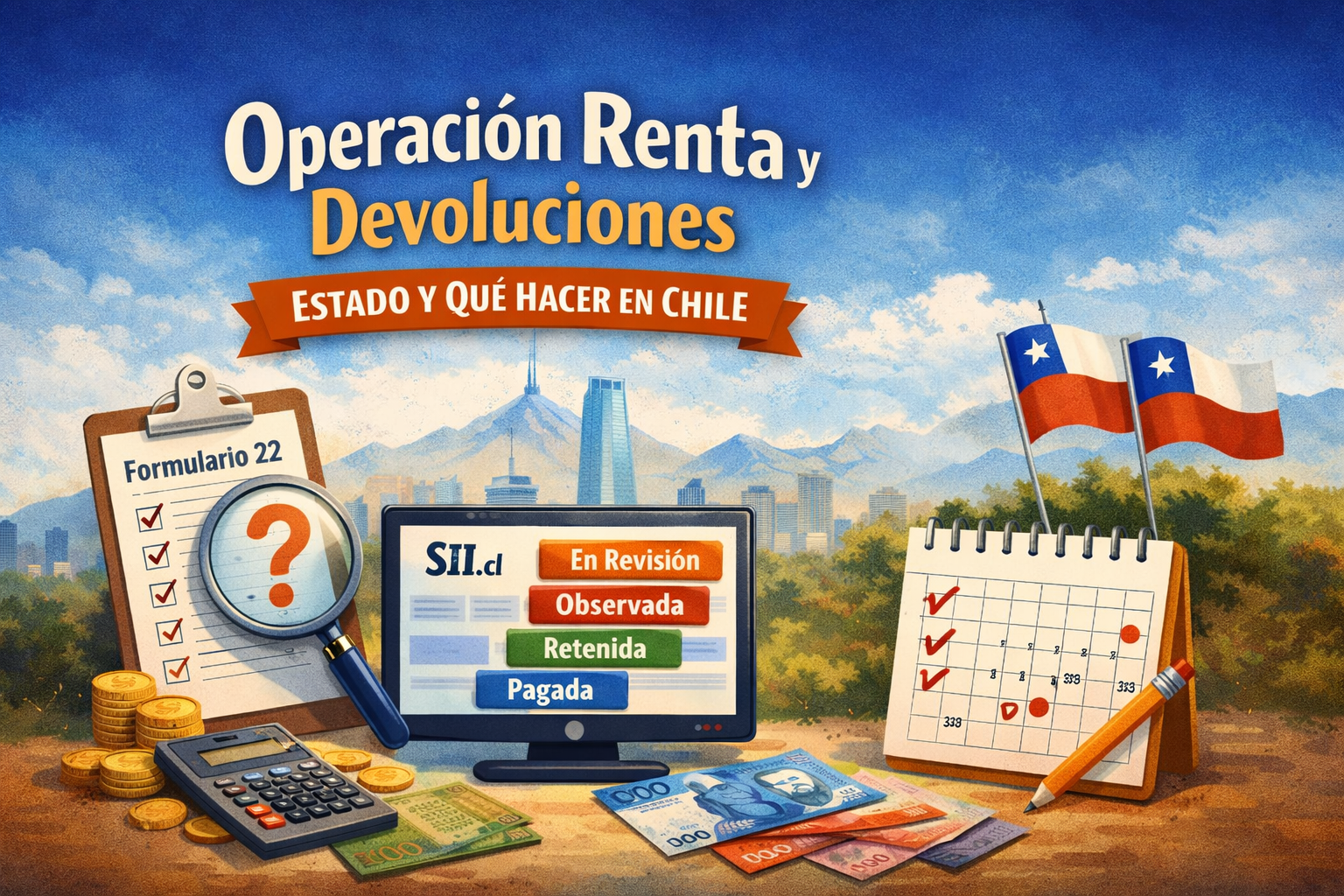 Portada horizontal sobre Operación Renta y devoluciones en Chile: Formulario 22, pantalla SII.cl con estados (en revisión/observada/retenida/pagada), calendario y elementos financieros.