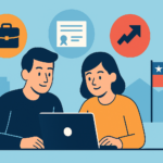 Adulto usando un notebook para elegir cursos gratis en Chile, con íconos de trabajo y educación que representan alta empleabilidad.