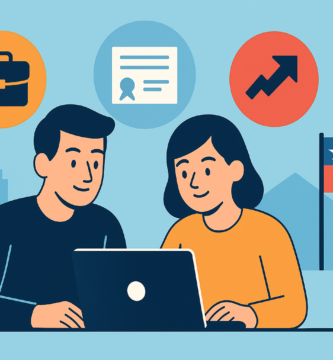 Adulto usando un notebook para elegir cursos gratis en Chile, con íconos de trabajo y educación que representan alta empleabilidad.