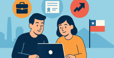 Adulto usando un notebook para elegir cursos gratis en Chile, con íconos de trabajo y educación que representan alta empleabilidad.