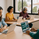 Cuatro personas adultas estudiando en línea con notebooks y audífonos en un espacio interior iluminado
