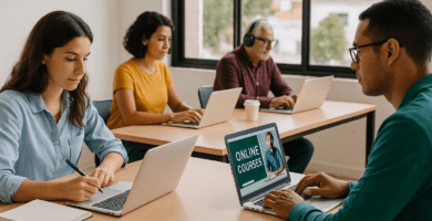 Cuatro personas adultas estudiando en línea con notebooks y audífonos en un espacio interior iluminado