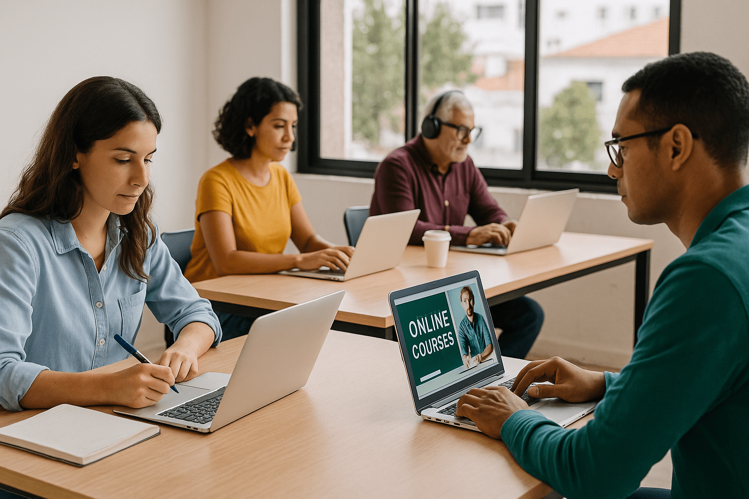 Cuatro personas adultas estudiando en línea con notebooks y audífonos en un espacio interior iluminado