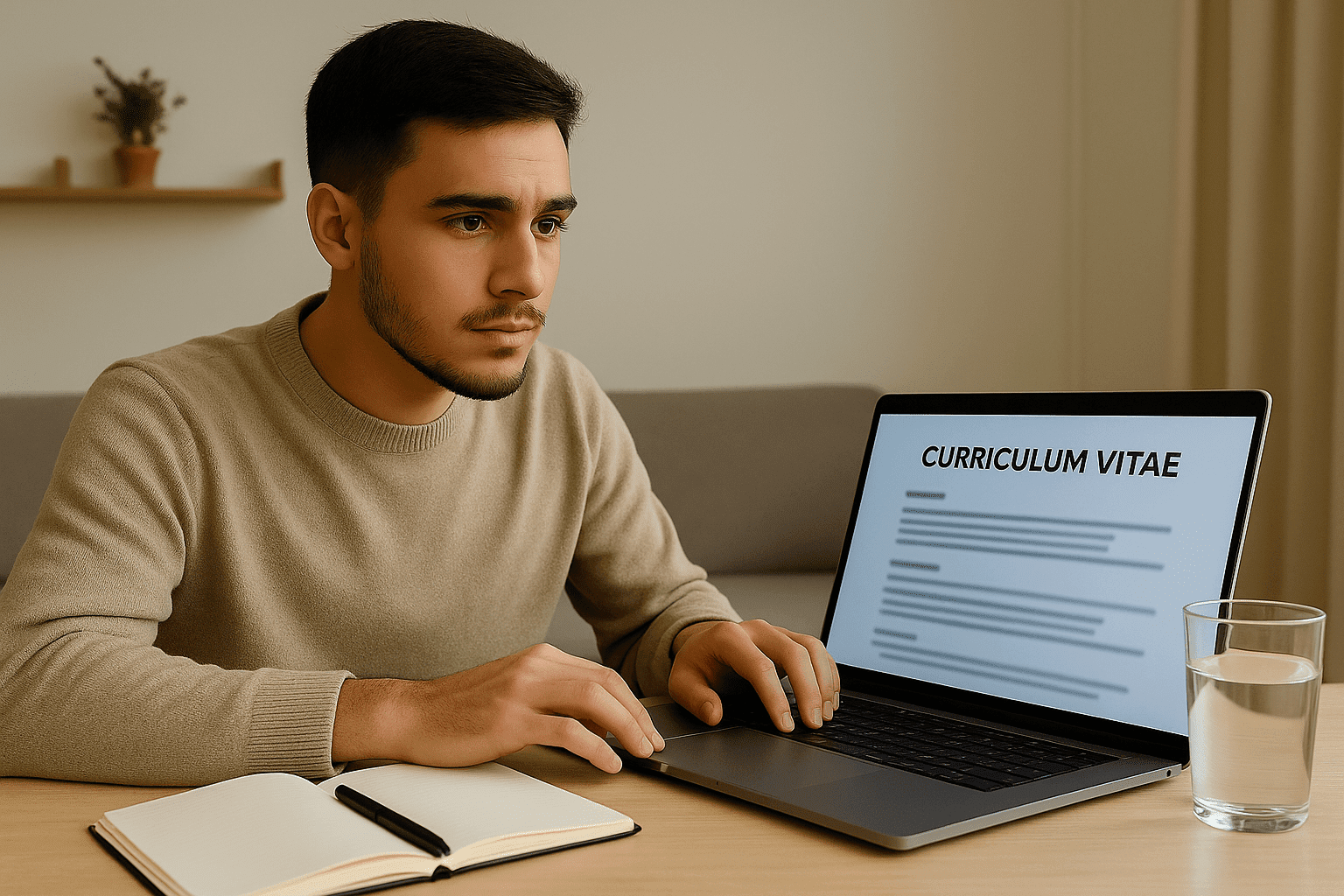 Trabajos sin experiencia y primer empleo 1 Joven en Chile preparando su primer currículum en el computador para buscar trabajo sin experiencia.