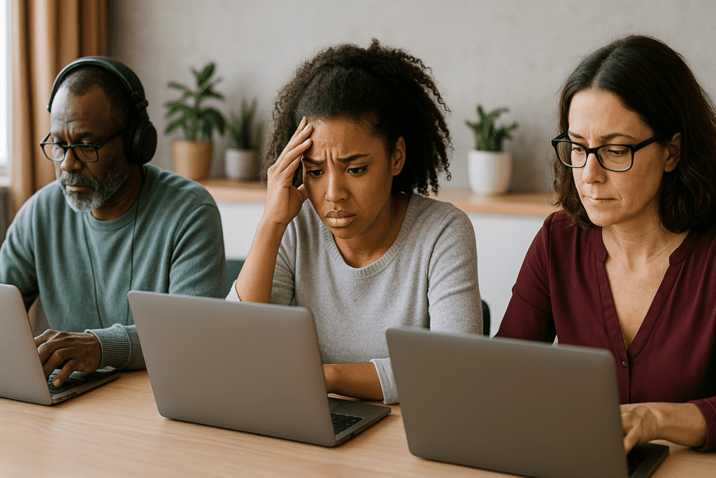 Tres personas revisando información en un computador y un celular con gesto de duda
