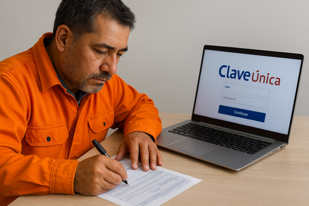 SENCE anuncia ocho nuevos cursos en minería gratuitos, en línea y con cupos ilimitados 2 Trabajador chileno con ropa de seguridad completando formulario de postulación junto a un notebook con acceso a Clave Única