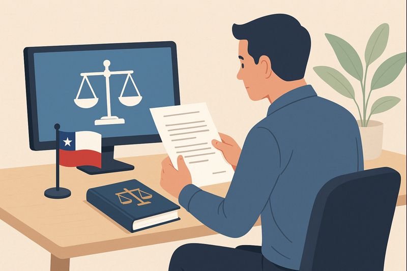 Trabajos remotos desde casa en Chile: qué son, ventajas y desventajas 2 Ilustración de hombre revisando un documento sobre teletrabajo junto a un computador con símbolo de justicia y bandera de Chile