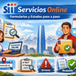 Portada ilustrada de guía “SII Servicios Online: Formularios y Estados paso a paso”, con personas usando computador, íconos de F22, RUT, calendario, errores y respaldo, y skyline de Santiago.