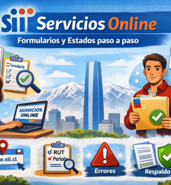 Portada ilustrada de guía “SII Servicios Online: Formularios y Estados paso a paso”, con personas usando computador, íconos de F22, RUT, calendario, errores y respaldo, y skyline de Santiago.