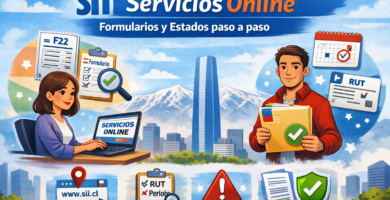 SII Servicios Online: dónde encontrar tus formularios y estados (paso a paso) 3 Portada ilustrada de guía “SII Servicios Online: Formularios y Estados paso a paso”, con personas usando computador, íconos de F22, RUT, calendario, errores y respaldo, y skyline de Santiago.