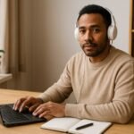 Hombre trabajando desde casa en su notebook en un espacio de trabajo ordenado
