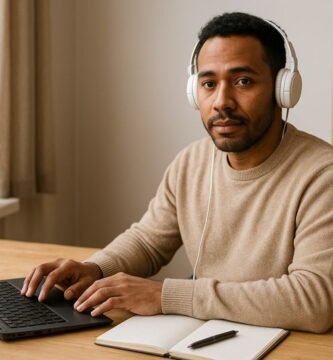 Hombre trabajando desde casa en su notebook en un espacio de trabajo ordenado
