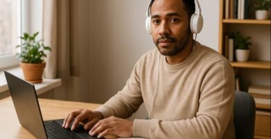 Hombre trabajando desde casa en su notebook en un espacio de trabajo ordenado