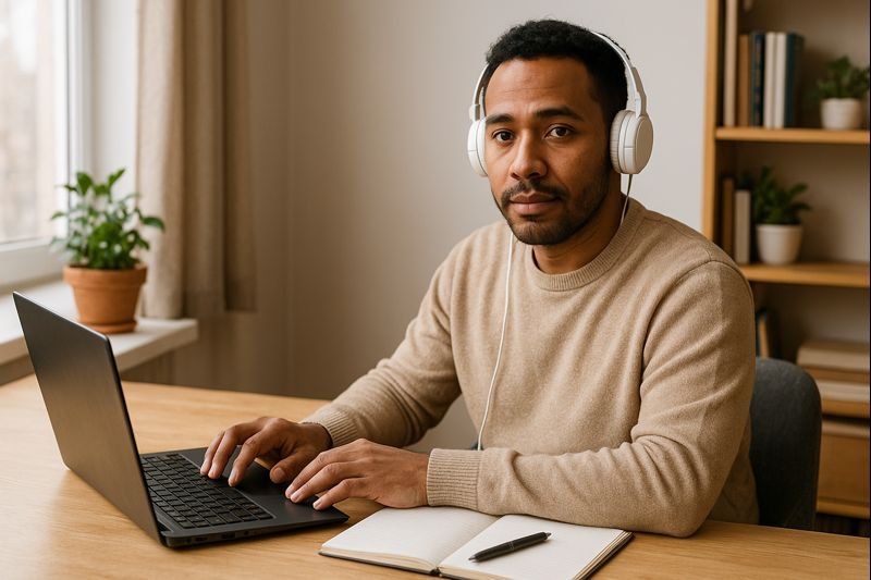 Trabajos desde casa serios en Chile: ideas reales y cómo evitar estafas 1 Hombre trabajando desde casa en su notebook en un espacio de trabajo ordenado