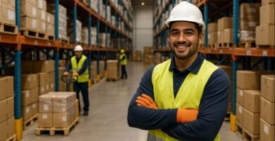 Trabajo de bodega y logística en Chile: qué hace un operario y cómo capacitarse 4 Operario moviendo pallets en una bodega con estanterías altas y mercadería organizada