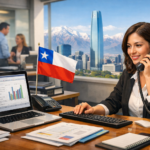 Trabajadora administrativa chilena usando computador en una oficina moderna
