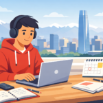 Estudiante chileno trabajando online desde casa en su laptop, con cuadernos y calendario, y vista de Santiago al fondo.