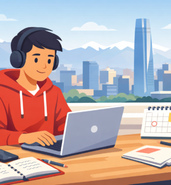 Estudiante chileno trabajando online desde casa en su laptop, con cuadernos y calendario, y vista de Santiago al fondo.
