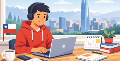 Estudiante chileno trabajando online desde casa en su laptop, con cuadernos y calendario, y vista de Santiago al fondo.