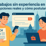 Ilustración de dos jóvenes buscando trabajos sin experiencia en Chile, uno con su CV y otro en un laptop, con la ciudad de Santiago de fondo