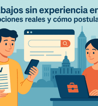 Ilustración de dos jóvenes buscando trabajos sin experiencia en Chile, uno con su CV y otro en un laptop, con la ciudad de Santiago de fondo