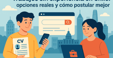 Ilustración de dos jóvenes buscando trabajos sin experiencia en Chile, uno con su CV y otro en un laptop, con la ciudad de Santiago de fondo