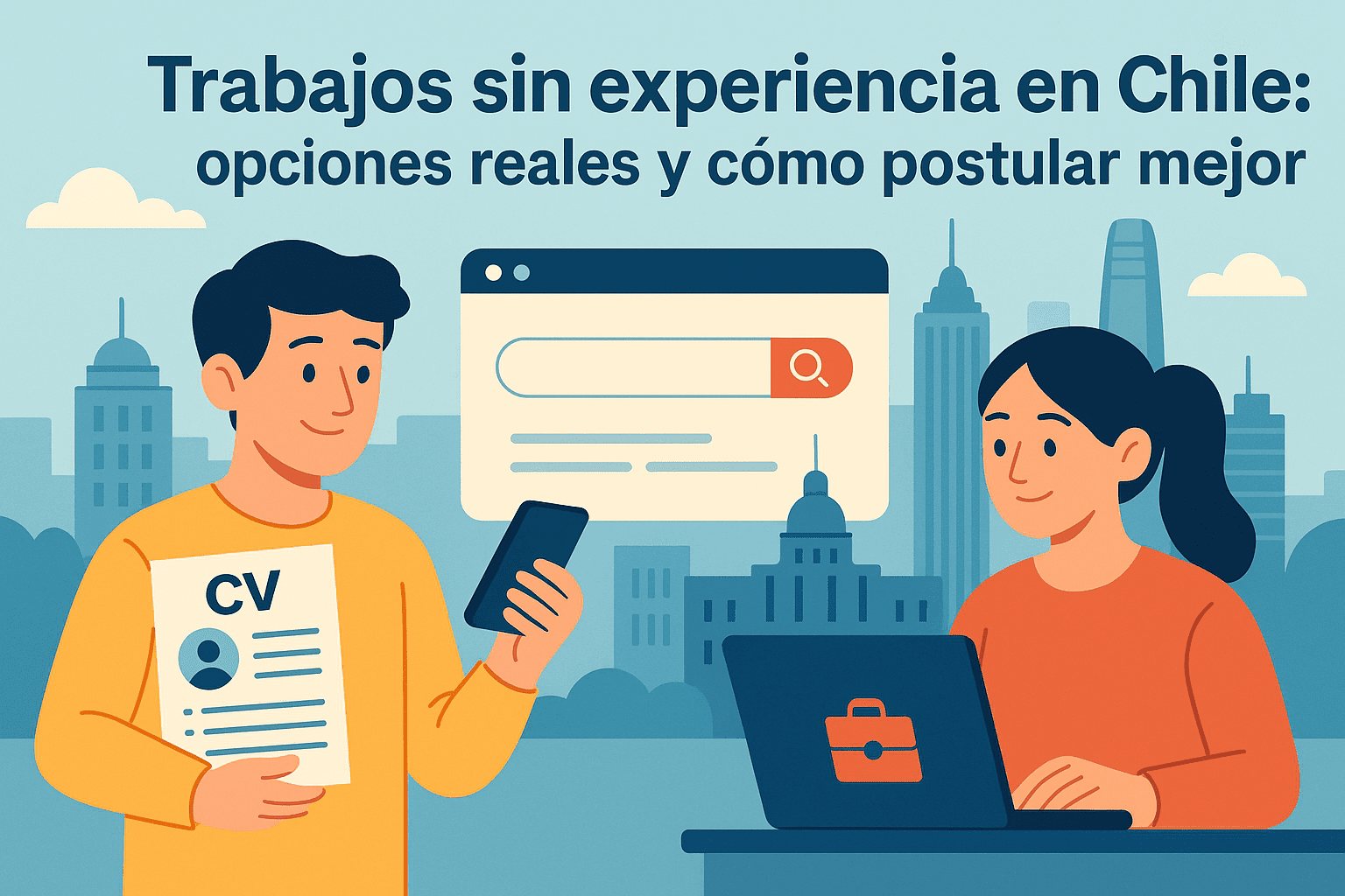 Ilustración de dos jóvenes buscando trabajos sin experiencia en Chile, uno con su CV y otro en un laptop, con la ciudad de Santiago de fondo