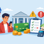 Persona revisando una cuenta bancaria en el celular, con checklist de apertura, tarjeta y símbolos de alerta en Chile.