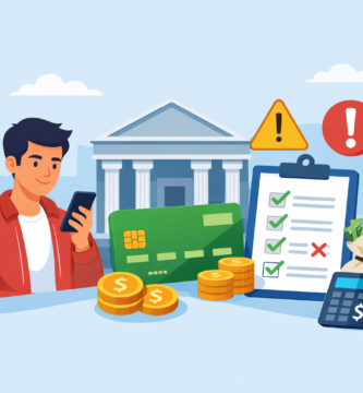 Cuenta bancaria: diferencias básicas y errores típicos al abrir una 3 Persona revisando una cuenta bancaria en el celular, con checklist de apertura, tarjeta y símbolos de alerta en Chile.