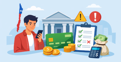 Cuenta bancaria: diferencias básicas y errores típicos al abrir una 3 Persona revisando una cuenta bancaria en el celular, con checklist de apertura, tarjeta y símbolos de alerta en Chile.