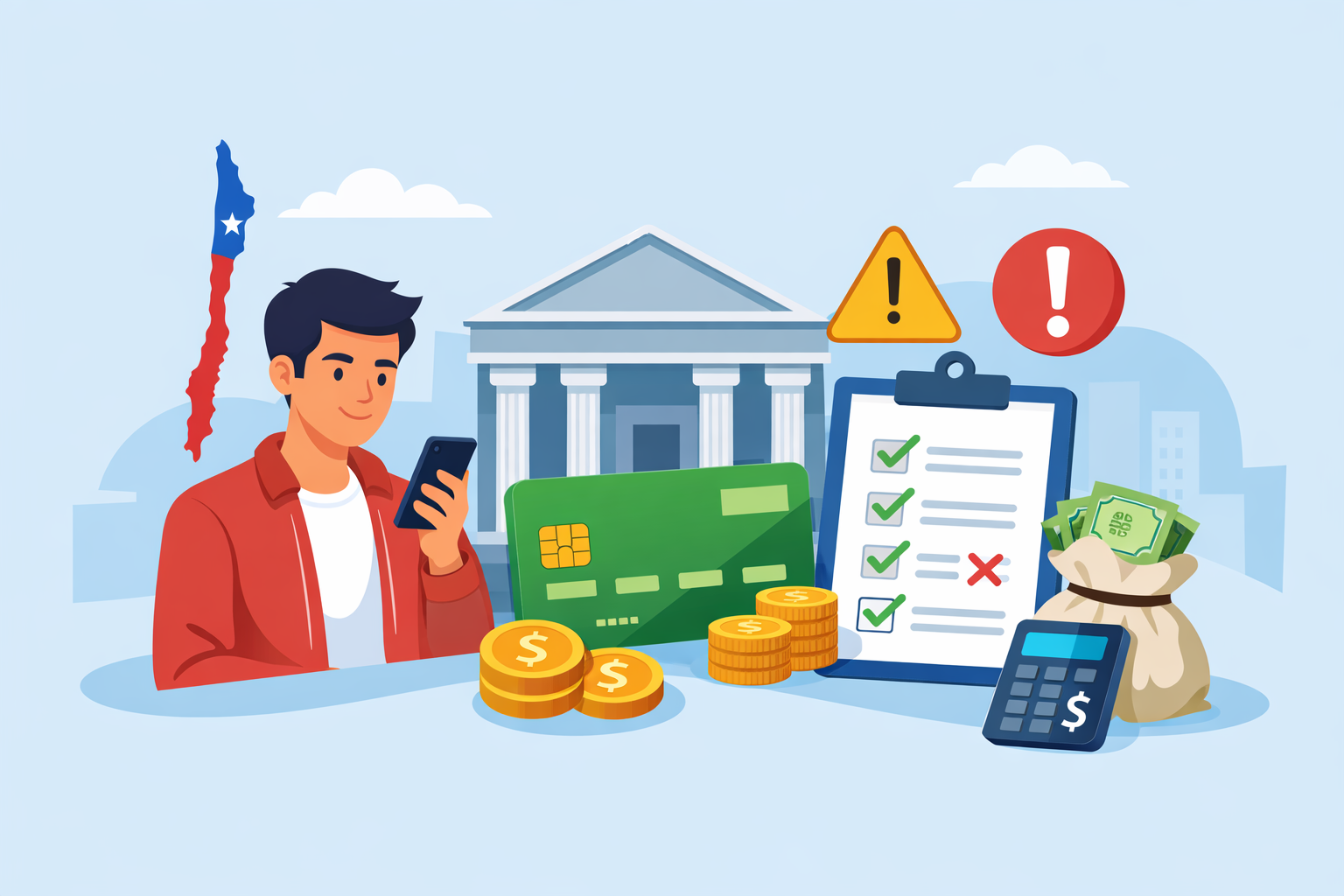 Cuenta bancaria: diferencias básicas y errores típicos al abrir una 1 Persona revisando una cuenta bancaria en el celular, con checklist de apertura, tarjeta y símbolos de alerta en Chile.