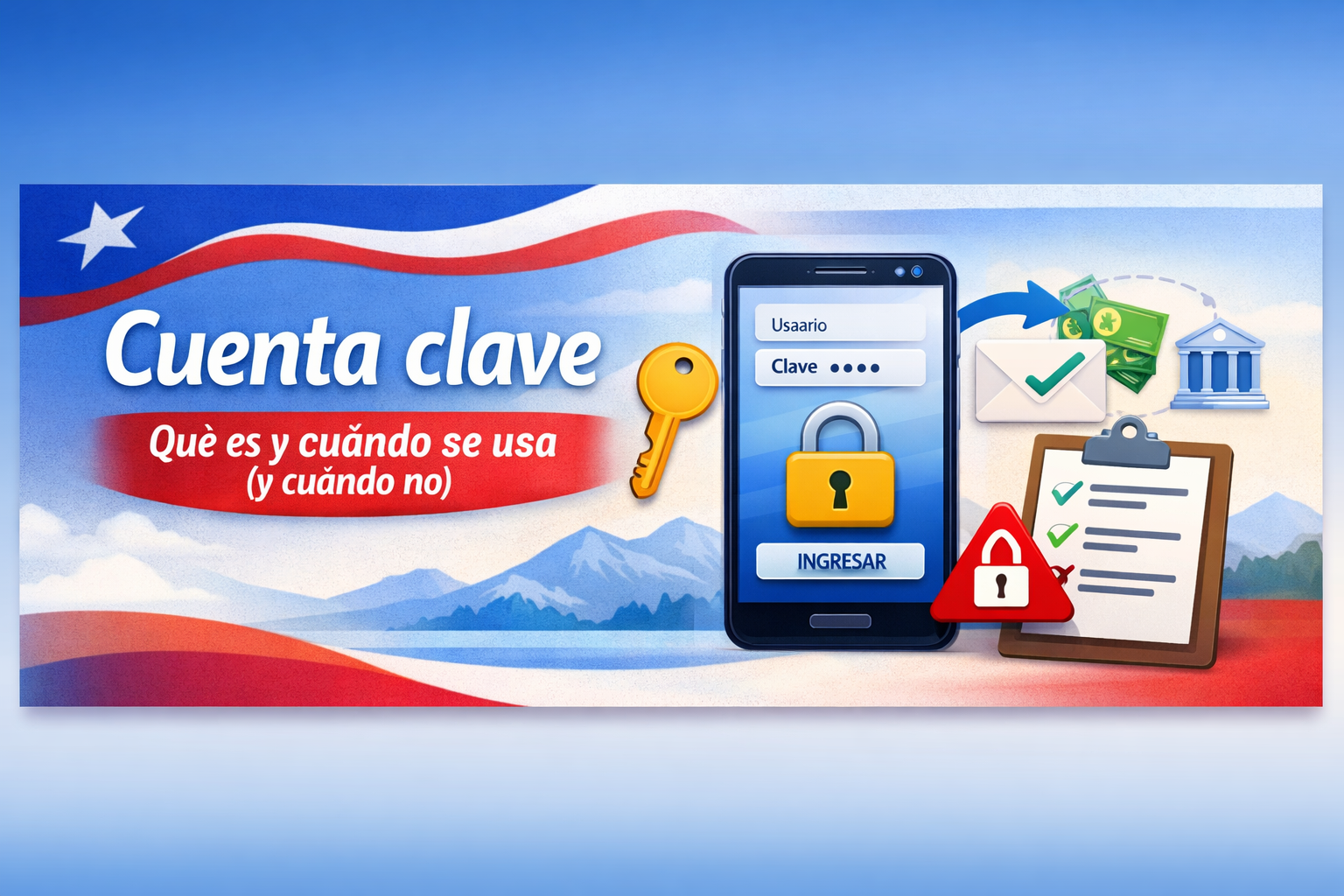Cuenta clave: qué es y cuándo se usa (y cuándo no) 1 Imagen destacada “Cuenta clave” con un celular mostrando inicio de sesión, un candado y una llave, más un checklist y señales de seguridad.