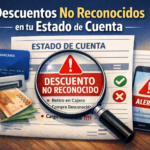 Estado de cuenta con lupa marcando “descuento no reconocido”, tarjeta bancaria, cajero con billetes y alerta en celular.