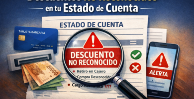 Estado de cuenta con lupa marcando “descuento no reconocido”, tarjeta bancaria, cajero con billetes y alerta en celular.