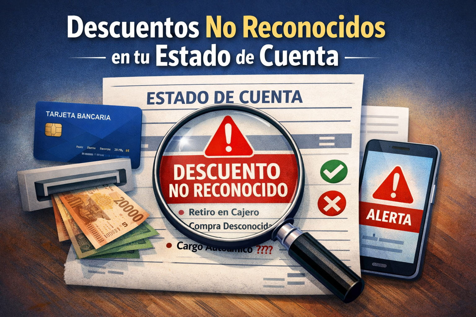 Estado de cuenta bancaria: cómo detectar descuentos/retiros que no reconoces 1 Estado de cuenta con lupa marcando “descuento no reconocido”, tarjeta bancaria, cajero con billetes y alerta en celular.