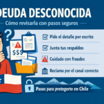 Persona revisando una deuda desconocida con checklist de pasos seguros para protegerse en Chile.