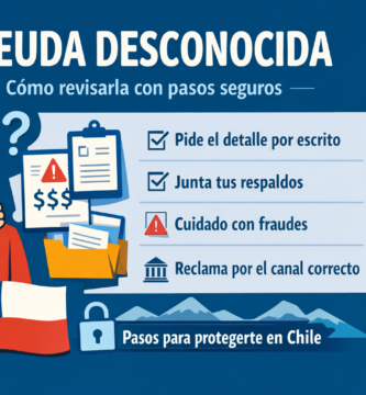 Persona revisando una deuda desconocida con checklist de pasos seguros para protegerse en Chile.