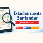 Ilustración de un celular con estado de cuenta y una lupa, con el texto “Estado de cuenta Santander: qué mirar sí o sí” y los íconos de cobros, cuotas e intereses.