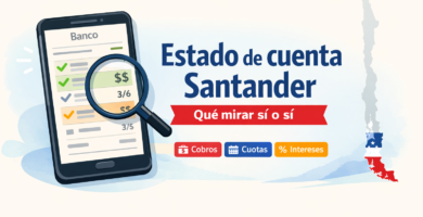 Estado de cuenta banco Santander: qué mirar sí o sí (cobros, cuotas, intereses) 5 Ilustración de un celular con estado de cuenta y una lupa, con el texto “Estado de cuenta Santander: qué mirar sí o sí” y los íconos de cobros, cuotas e intereses.