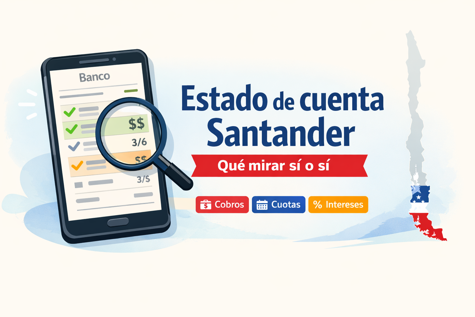 Ilustración de un celular con estado de cuenta y una lupa, con el texto “Estado de cuenta Santander: qué mirar sí o sí” y los íconos de cobros, cuotas e intereses.