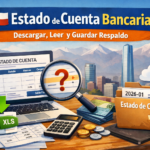 Estado de cuenta bancaria en Chile mostrado en pantalla, con íconos de descarga, revisión de movimientos y respaldo de documentos