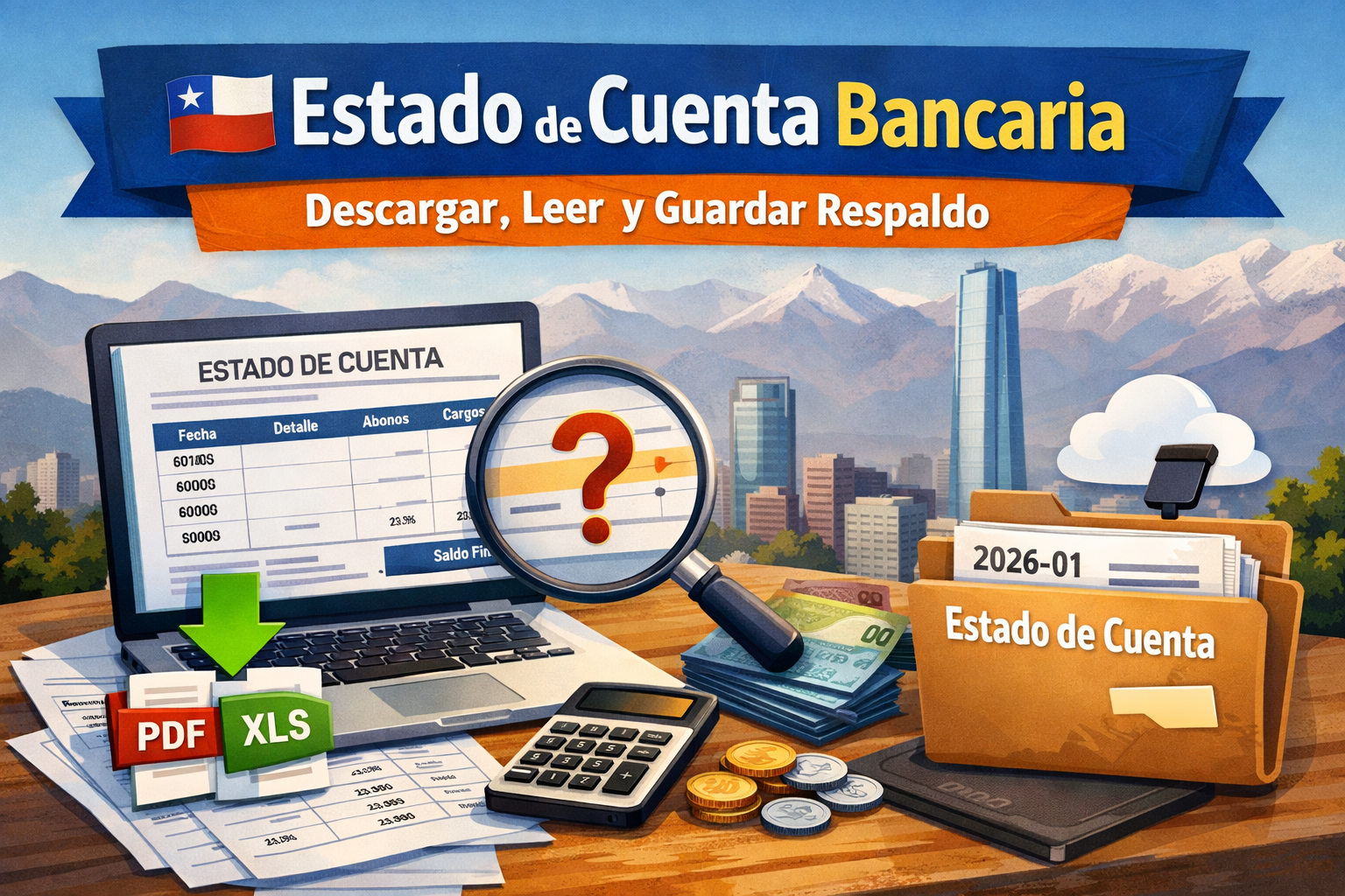 Estado de cuenta bancaria: cómo descargarlo, leerlo y guardar respaldo 1 Estado de cuenta bancaria en Chile mostrado en pantalla, con íconos de descarga, revisión de movimientos y respaldo de documentos