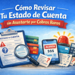 Ilustración de estado de cuenta con lupa y alerta en celular para detectar cobros raros y comisiones en Chile.