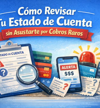 Ilustración de estado de cuenta con lupa y alerta en celular para detectar cobros raros y comisiones en Chile.