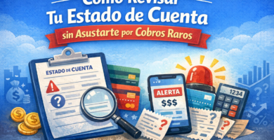Estado de cuenta: qué revisar para detectar cobros raros y comisiones 12 Ilustración de estado de cuenta con lupa y alerta en celular para detectar cobros raros y comisiones en Chile.