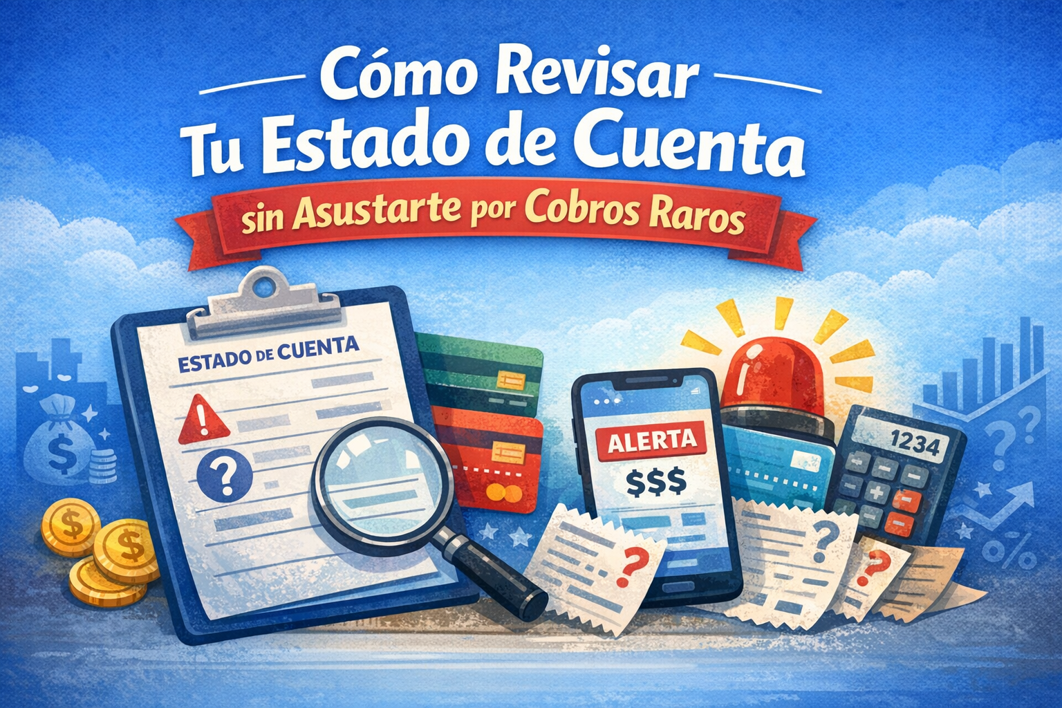 Estado de cuenta: qué revisar para detectar cobros raros y comisiones 1 Ilustración de estado de cuenta con lupa y alerta en celular para detectar cobros raros y comisiones en Chile.