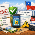 Ilustración de estado de deuda y estado de cuenta en Chile, con checklist de verificación y pago seguro para evitar estafas